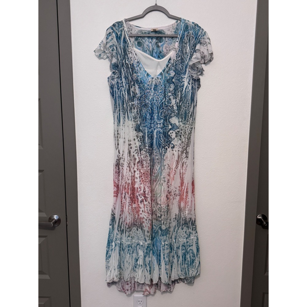 Reba Woman Boho Paisley Rhinestone Maxi Dress Blue Teal Coral Plus Size 3X jj